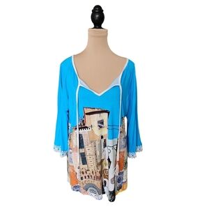 Simply Art Dolcezza Light Blue City Scape Lace Detail Top